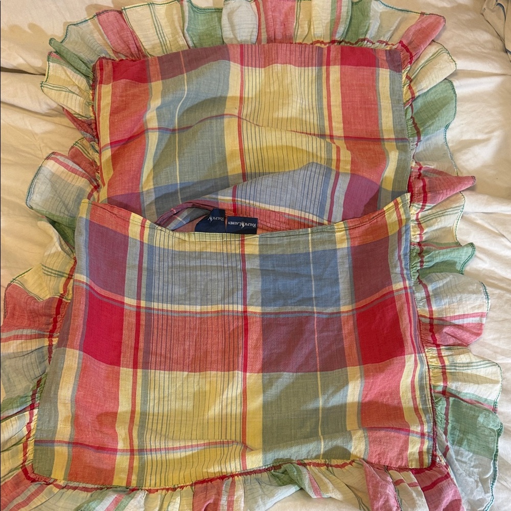 Set (2) vintage Ralph Lauren Pink Pastel Plaid Ruffled Pillow Shams - Picture 5 of 6